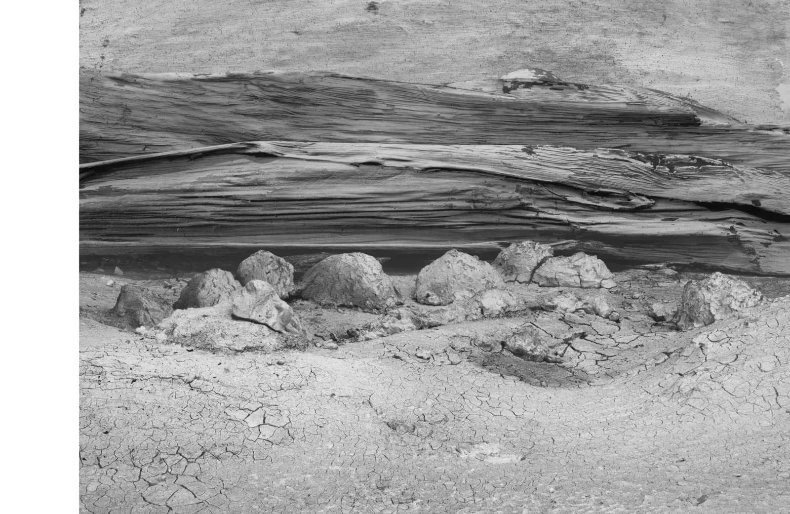 cth3-gaza-paisaje «Paisaje», grabado en fotopolímero de Antonio Damián: una hilera de piedras pálidas al pie de un tronco abierto en capas, sobre un suelo de barro agrietado