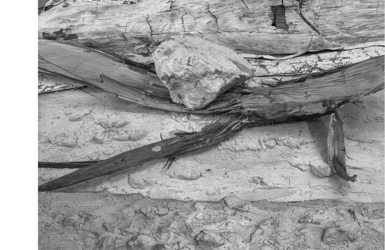 «Piedra sobre rama», grabado en fotopolímero de Antonio Damián: una piedra clara apoyada en una rama larga y astillada, con una esquirla oscura debajo, sobre barro seco
